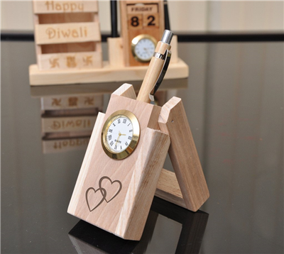 Wooden Pen Holder With Embedded Watch
